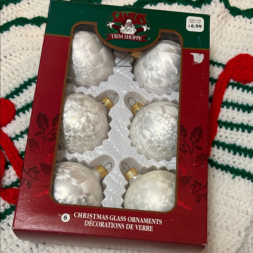 Vintage Santa’s Trim Shoppe Glass Ornaments – Frosted Faceted White 90s Set of 6